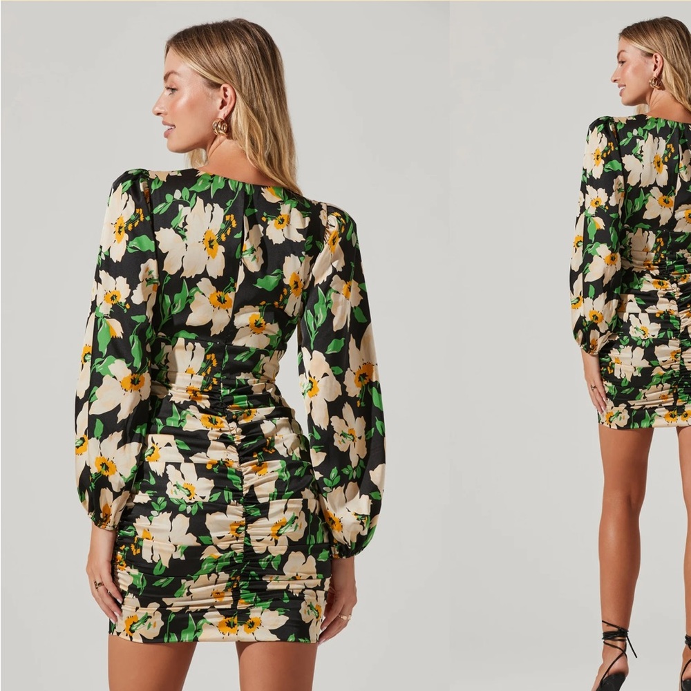 Floral Ruched Mini Dress Long Sleeves Black / Green / Yellow - Picture 3 of 5